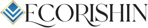 Logo of Ecorishin with a blue and gold emblem on a white background